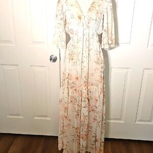 Lovestitch Cream and Pink Flutter  Sleeve Maxi Dress. Size Small. Sheer Button D